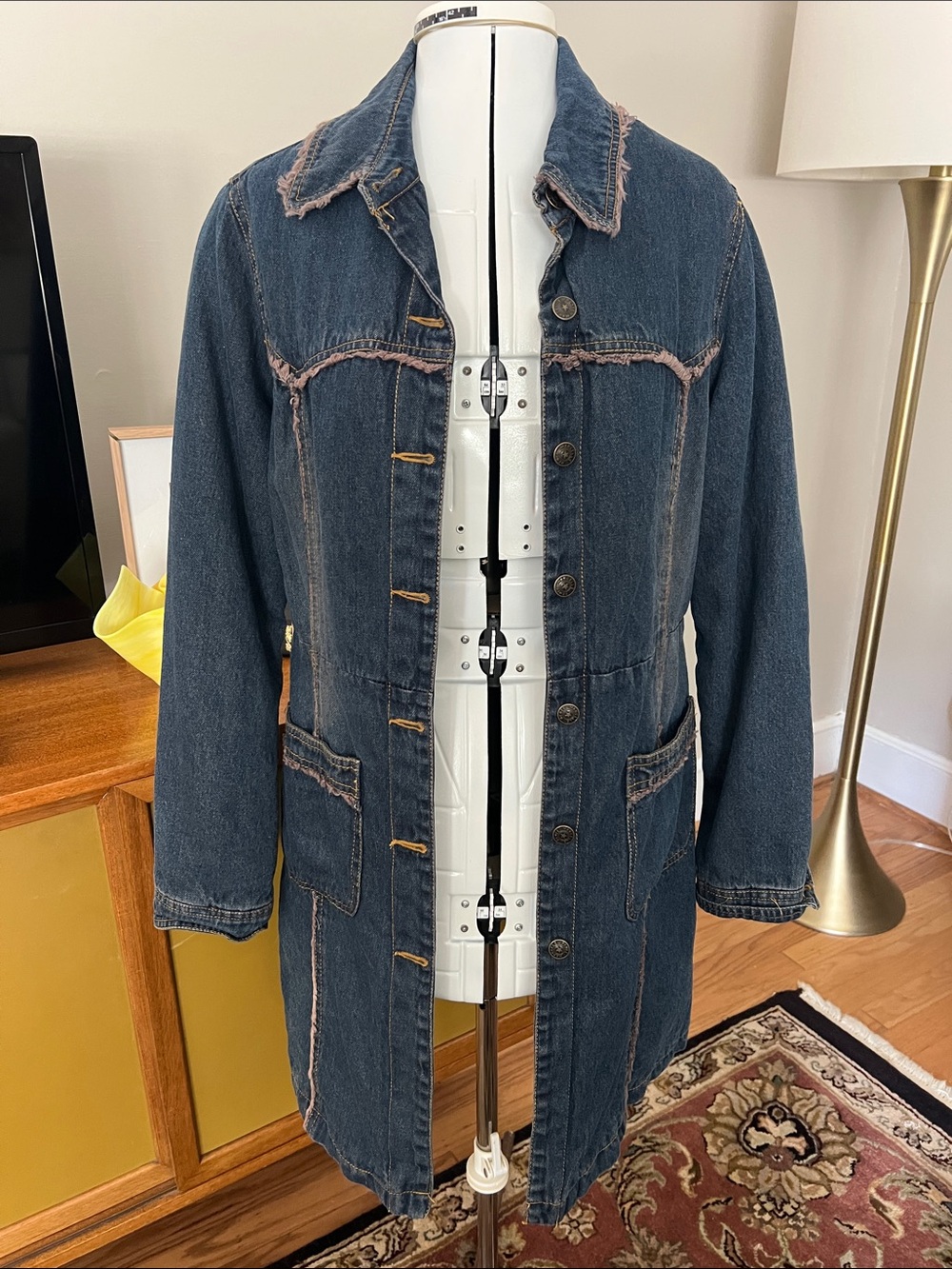 Marcelle Renee Vintage Long Dark Blue Denim Jacket with Frayed Trim